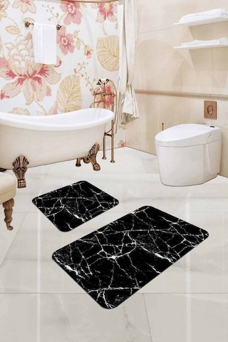 Siyah Mermer Görünümlü Banyo Halısı Klozet Paspas Seti Bs304n11