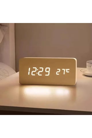 Dijital Led Ahşap Çalar Saat Sıcaklık Ses Kontrolü Erteleme
