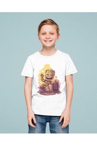 Sevbano Avengers Groot Baskılı Unisex Yenilmezler Film Çocuk Tişört 1-12 Beyaz