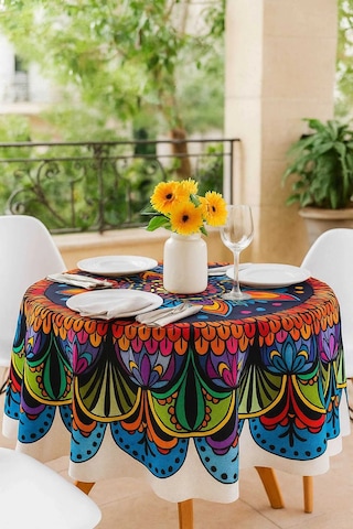 Yuvarlak Etnik Desenli Duck Kumaş Masa Örtüsü 150x150 Cm Çok Renkli
