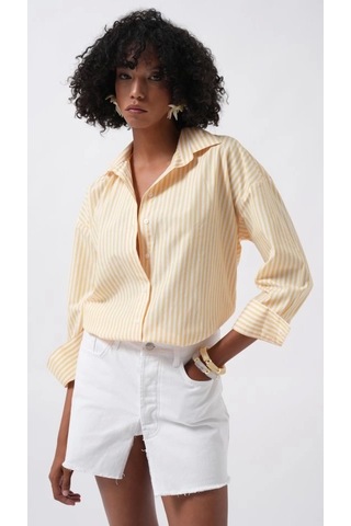 Defymoda Çizgili Detay Oversize Gömlek Sarı