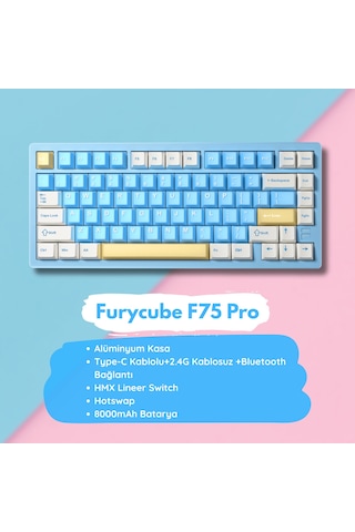 Furycube F75 Pro Alüminyum Mekanik Klavye - Rgb, Hotswap, Kablosuz, Mac/windows Uyumlu, Mavi