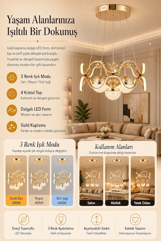 Ey-El Tasarım Modern 4 Lü Ledli Gold 3 Renk Sarkıt Avize Gold