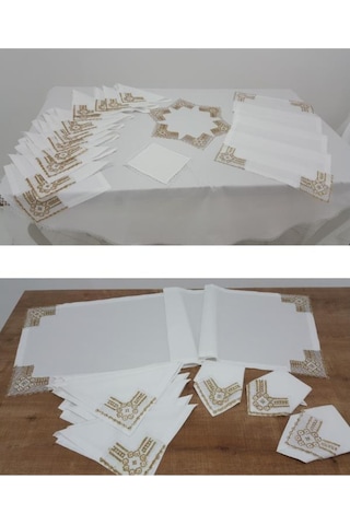 Finezza Batik Gold Dantelli Pamuk Kumaş Beyaz Mutfak Takımı 17 Pa