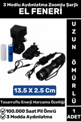 Özel Kompakt Kamp Avcı Balıkçı Deprem Enerji Tasarruflu 3 Modlu Zoomlu Güçlü Beyaz Işık El Feneri Çok Renkli
