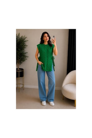 Hira Life Fashion Kadın Bisiklet Yaka Yanları Açık Bağcıklı Oversize Triko Süveter Yeşil Yeşil