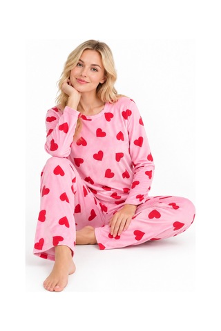 Sleeeproom Kadın Süet Mevsimlik Kalp Desen Pudra Pijama Takımı Kırmızı - Pembe
