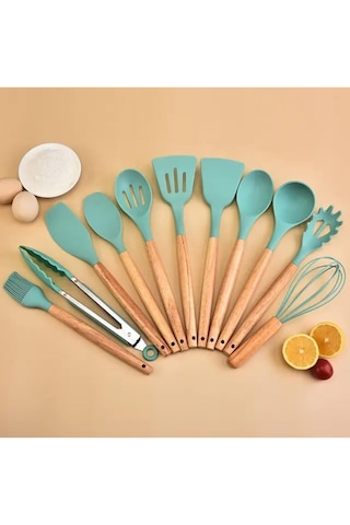 12 Parça Bambu Saplı Silikon Kepçe Spatula Mutfak Seti, Gümüş