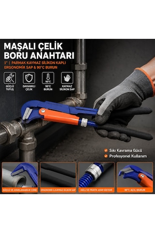 Hcs Prolıne Cr-v Maşalı Çelik Boru Anahtarı 1" Parmak 90 C Burun Silikon Kaplı Ergonomik Sap