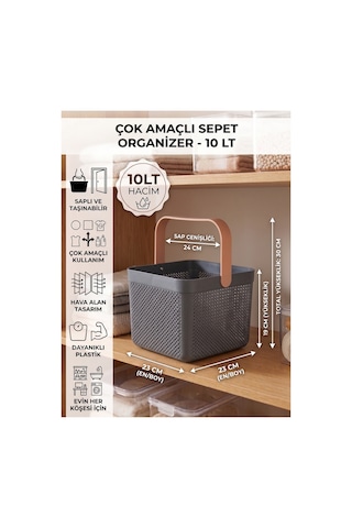 Dolap İçi Düzenleyici, Banyo, Mutfak Organizeri Kulplu Sepet, Dekoratif Saklama Kutusu, Banyo Düzenleyici Organizer 10lt Antrasit - Gri