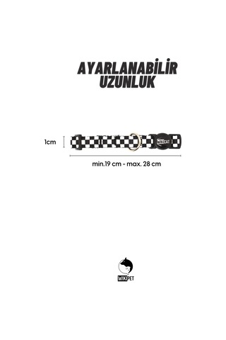 Old Skool Kedi Boyun Tasması, Boğulma Önleyici Kilitli, Zil Hediyeli Siyah, Beyaz Kareli
