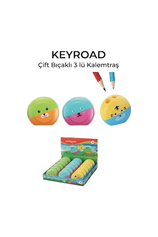 Renkli Sevimli Kalemtraş Keyroad Kr-971839 3 Adet Hazneli Çift Bıçaklı Kalem Açacağı Plastik Kalemtıraş Kalem Traş Okul