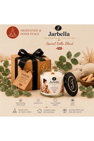 JARBELLA Premium Seri, Meditation & Deep Relaxation, Meditasyon, %100 Doğal Soya Mumu, El Yapımı, Ahşap Fitil, 220gr, Özel Koku Harmanı, Ev ve Hediye için İdeal, Beyaz