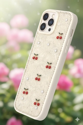 Apple Uyumlu iPhone 13 Pro Kiraz Figürlü Simli İnci Taşlı Lüx Silikon Kılıf Krem