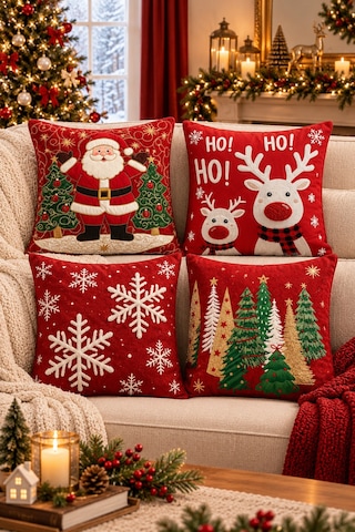 4'lü Yılbaşı Dekoratif Kırlent Kılıfı Set Noel Baba Ren Geyiği & Ağaç Christmas Baskılı Dekoratif Kırlent 2027 Yılbaşı Dekorasyon Hediye 4lü Set Çift Taraf Baskı Noel1 - 800006344 Noel1