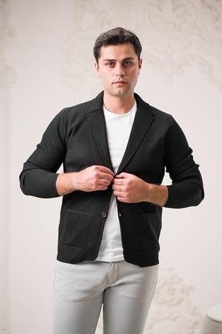 Regular Fit Sivri Yaka Torba Cepli Kendinden Çizgili Düğmeli Erkek Triko Hırka 001