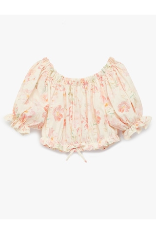 Koton Pamuklu Düşük Omuz Fırfır Detaylı Kısa Kollu Çiçekli Crop Bluz Pembe Desenli 6skg60002ew Pembe