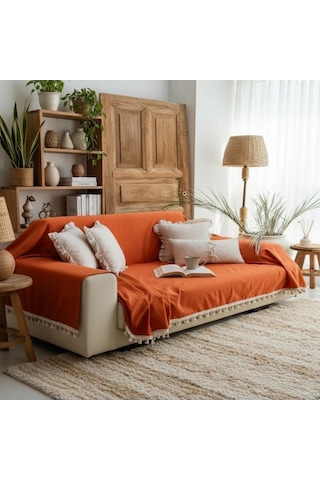 Premium Keten Tarçın Kahverengi Ponponlu Koltuk Örtüsü 170 X 220