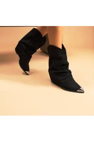 Beyaz London Önü Demir Detaylı Katlamalı Nubuk Kadın Kovboy Çizme Siyah Siyah