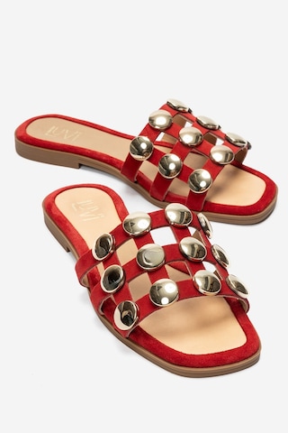 Luvi Shoes Bareon Kırmızı Süet Hakiki Deri Bantlı Altın Tokalı Kadın Terlik