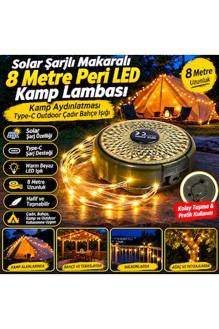 Solar Kamp Lambası 8 Metre Peri Led Işık Makaralı Type-c Şarjlı Bahçe Çadır Karavan Aydınlatması