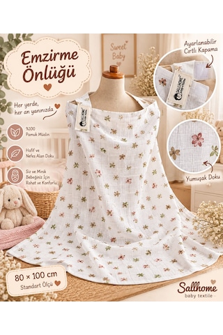 Sallhome Baby Textile %100 Pamuk Müslin Çiçek Desenli Emzirme Önlüğü 80x100 CM Ayarlanabilir Cırtlı Kapama