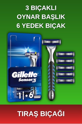 Gillette - Sensor3 Tıraş Bıçağı - 3 Bıçaklı - Kayganlaştırıcı Bant Ve Oynar Başlık - 1 Adet + 6 Yedek Bıçak