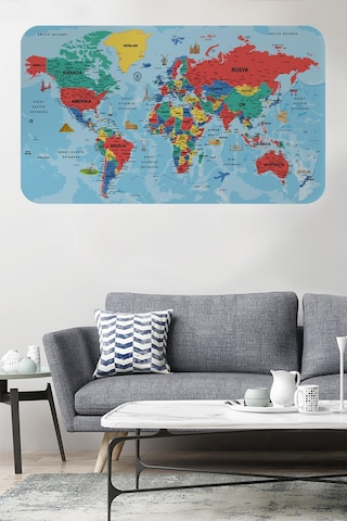 Türkçe Eğitici Ülke Ve Başkent Okyanus Detaylı Atlası Dünya Haritası Duvar Sticker -60x105-3863 - Renkli Çok Renkli