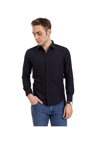 Erkek Slim Fit Dakron Yüksek Kalite Tam Kalıp Düğmeli Gömlek 2325 - M Siyah