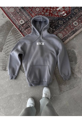 Mbb E-ticaret Kadın Kapüşonlu Kanguru Cepli Sweatshirt 3 İplik Pamuklu Baskılı Hoodie - Gri