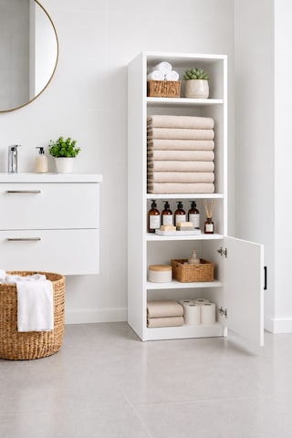 Rudu Duru Çok Amaçlı Banyo Dolabı Düzenleyici 45x34x156 Cm 1 Kapaklı 5 Raflı Beyaz