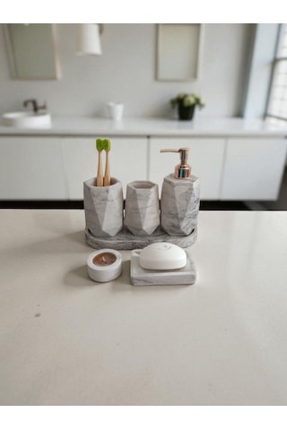 Mermer Desenli Beton Banyo Seti,sıvı Sabunluk ,diş Fırçalığı,kulak Çubukluğu,katı Sabunluk Ve Mumlukkk Gri
