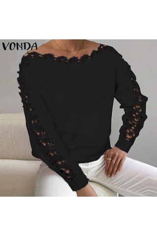 Vonda Kadın Sonbahar Dantel Yuvarlak Yaka Uzun Kollu Kazak Kazaklar Turuncu