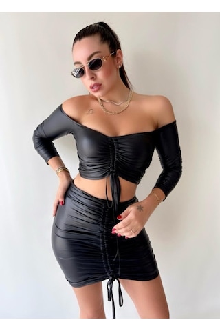 Munn Collection Kadın Büzgülü Deri Etek Takım Fırsat Ürün Siyah