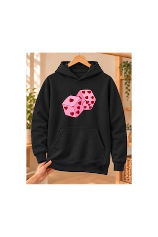 Mor Mürekkep Kadın %100 Pamuk 3 İplik Şardonlu Kalpli Pembe Zarlar Baskılı Kapüşonlu Sweatshirt Siyah