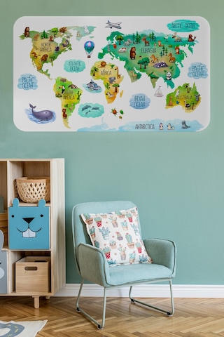 Eğitici Dünya Haritası Dünya Atlası Çocuk Ve Bebek Odası Duvar Sticker -60x105-3807 Çok Renkli