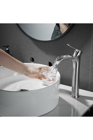 Fause Yüksek Çanak Lavabo Bataryası Şelale Fırçalanmış Nikel Ksl112-br Nikel