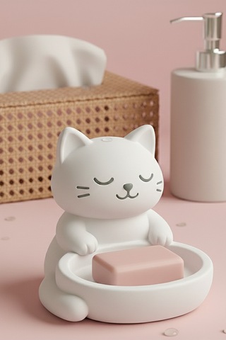 Oxyteez Kedi Figürlü Sabunluk Beyaz Renk Reçine Tasarım Ev Ve Ofis Dekorasyonu