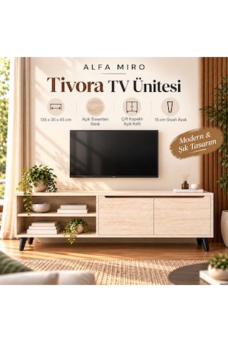 Tivora Modern Tv Ünitesi - Salon Tv Sehpası - Traverten 135 Cm