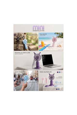 Mini El Fan Şarjlı Kulaklı Telefon Standlı Taşınabilir Mini Fan Sogutucu
