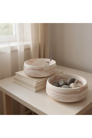 2 Adet Mermer Desenli Taş Kase Çok Amaçlı Mermer Kase Banyo Takımı 18 Cm Beyaz