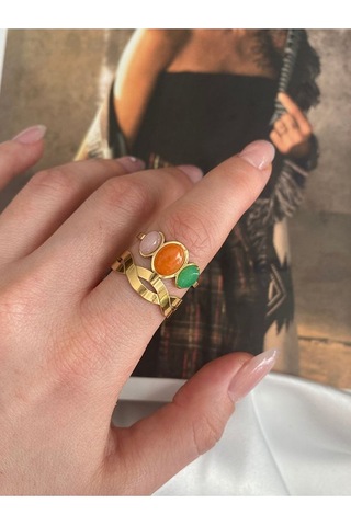Vintage Renkli Oval Taşlı Çelik Kararmaz Ayarlanabilir Gold Yüzük