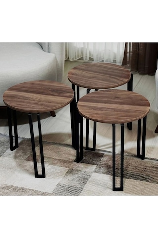 Fbt Üçlü Sehpa Servis Sehpasi Ceviz Mdf Lam Kaplama Tabla Siyah Metal Ayak Siyah