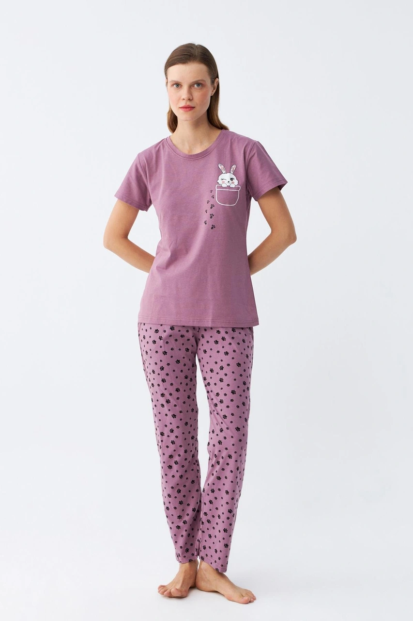 Akbeniz Kadın Mor Patili Tavşan Baskılı Cepli Pijama Takımı Mor