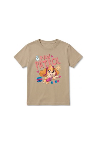 Urbantrendstore Paw Patrol Özel Tasarım Unisex Kız Çocuk Erkek Çocuk Bisiklet Yuvarlak Yaka Basic Kısa Kollu %100 Pamuk Tişört Bej