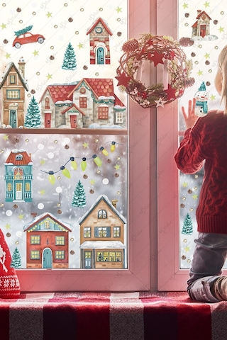 MSticker Yılbaşı Çift Yön Görünümlü Şeffaf Karlı Şehir Yeni Yıl Çocuk Bebek Odası Sticker Seti