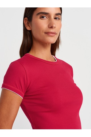 Dilvin 31750 Kontrast Kısa Kollu Tshirt-Koyu Kırmızı