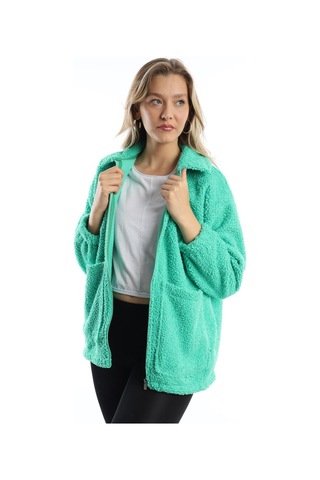 Kadın Fermuarlı Stoper Detaylı Kıvırcık Peluş Ceket Yeşil