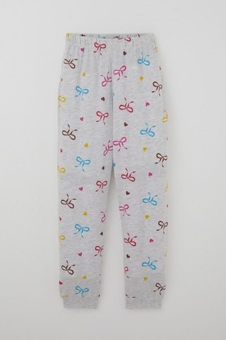Paty Kıds Kız Çocuk Pijama Takımı Kısa Kollu Renkli Fiyonklu & Kalp Desenli 8-12 Yaş, Açık Gri Melanj
