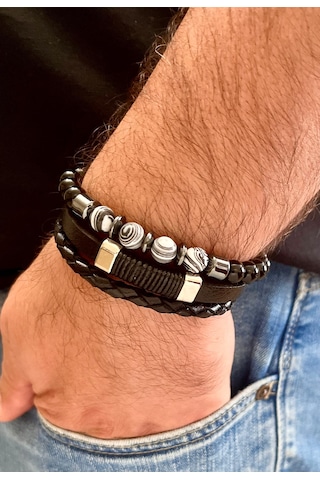 %100 Deri&hematit 3lü Erkek Bileklik Set 22 Cm Türk El Yapımı